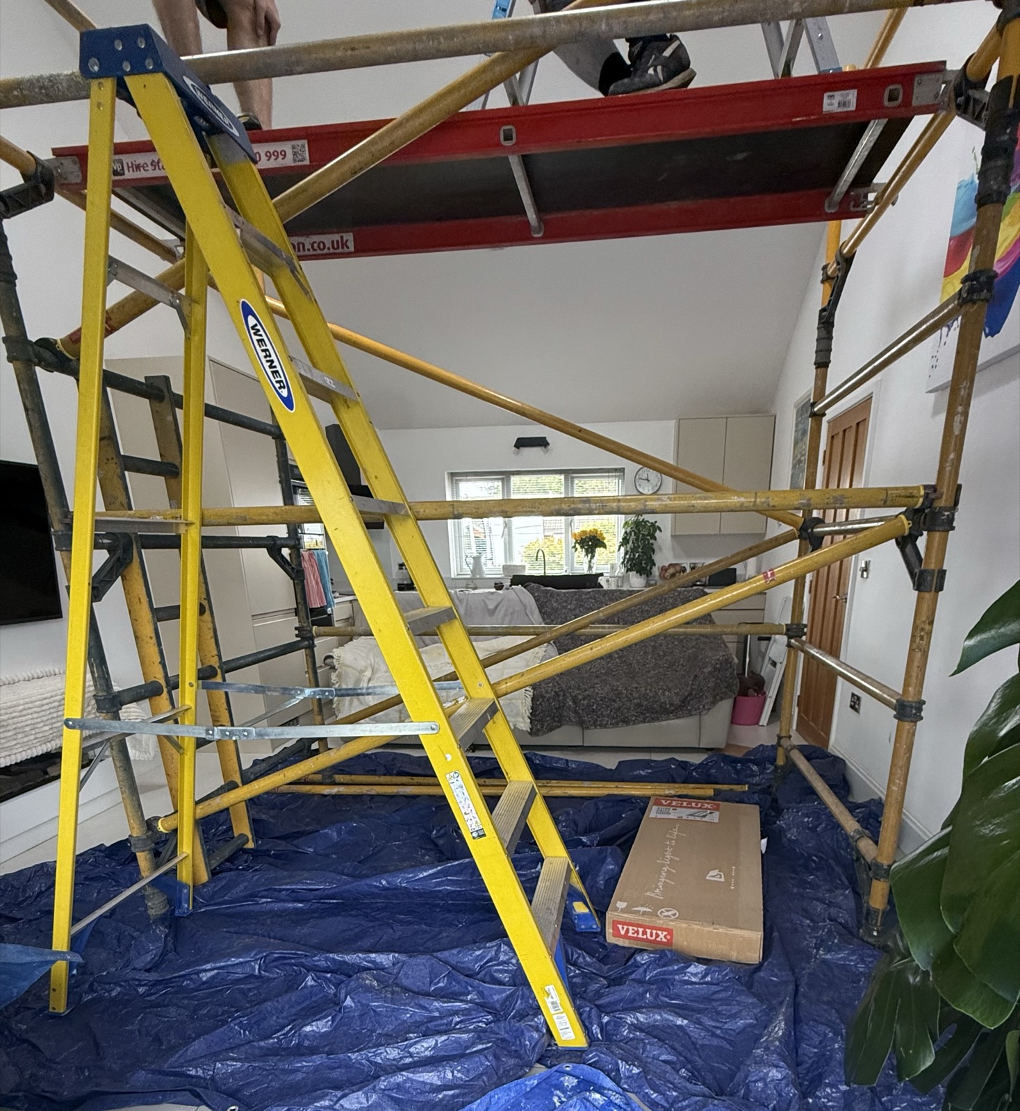 Internal scaffolding tower used during VELUX roof window replacement in Knutsford